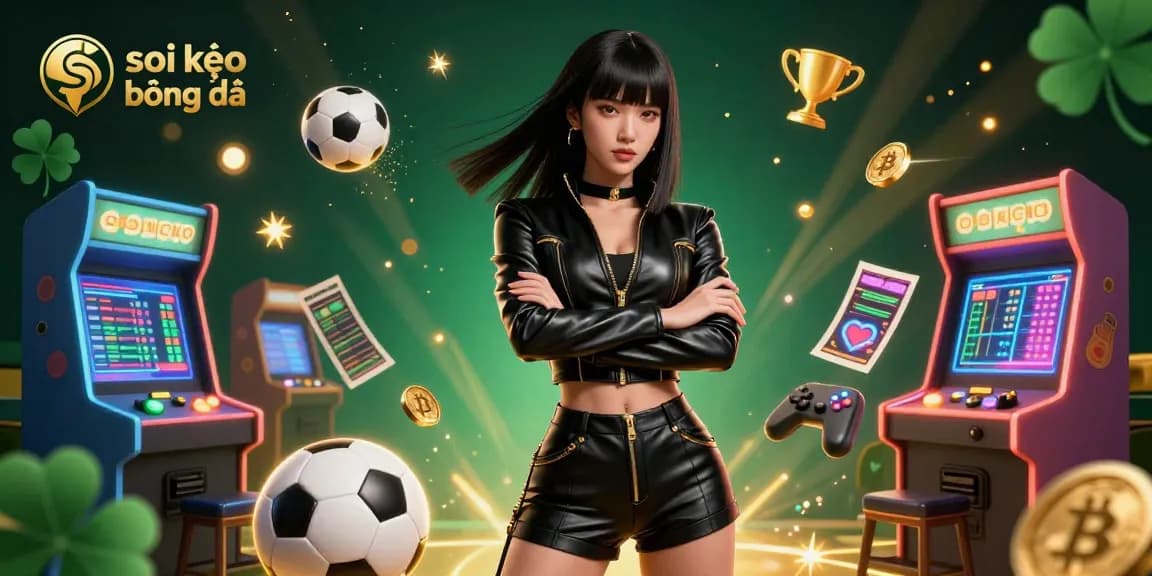 Soi kèo bóng đá betting illustration highlighting dynamic sports elements with a powerful Asian woman and vibrant casino aesthetics.