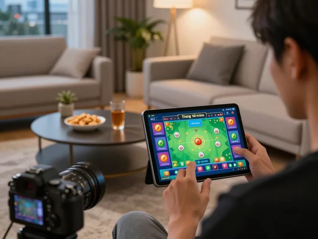 Engaging in Trang tài xỉu online gameplay on a tablet within a cozy home setting, promoting responsible gaming.
