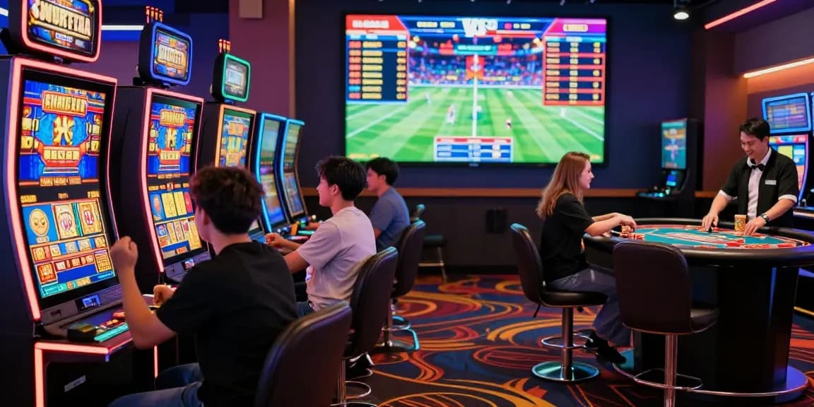 Engaged players enjoying pin up online casino games, celebrating wins among vibrant slot machines and live tables.