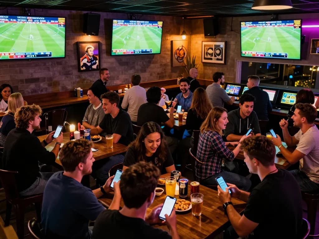 An excited group of bettors enjoying live sports betting at a bar, engaging with keo nha cai and cheering on their teams.