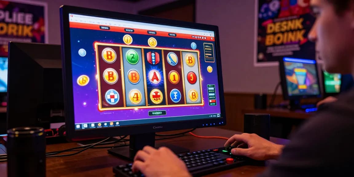 Engaging gaming scene highlighting slot depo 5k with player interacting with colorful online slot machines in an inviting atmosphere.