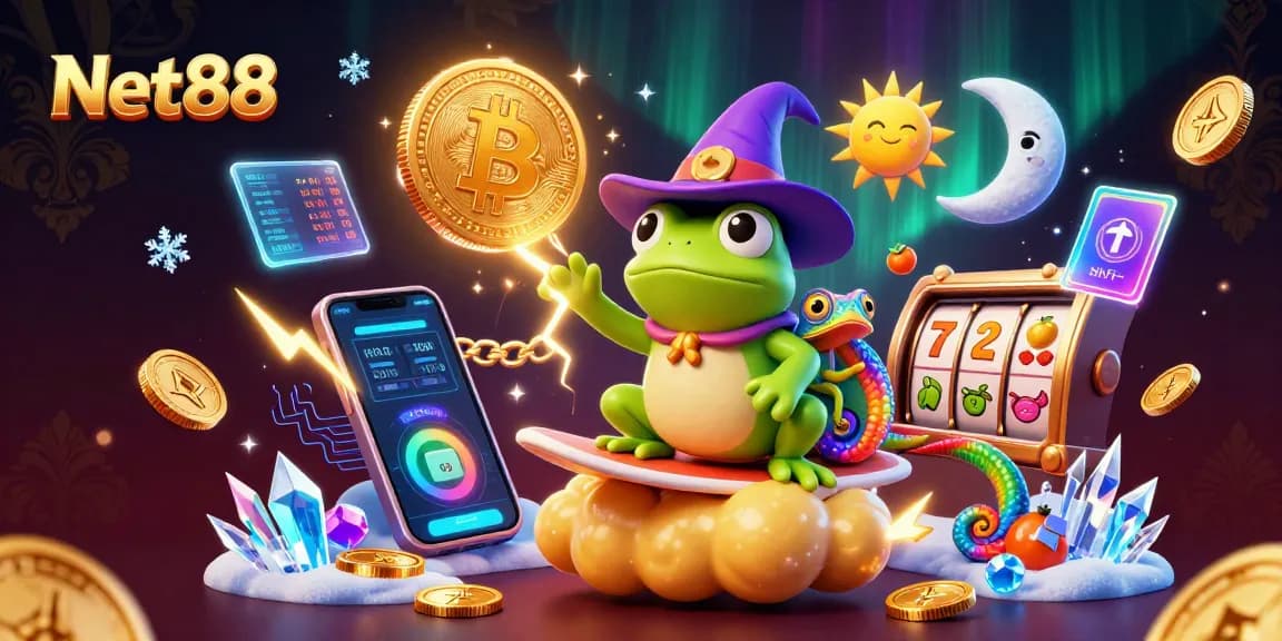Engage with Net88's vibrant casino atmosphere as cartoon characters surf on gold coins.
