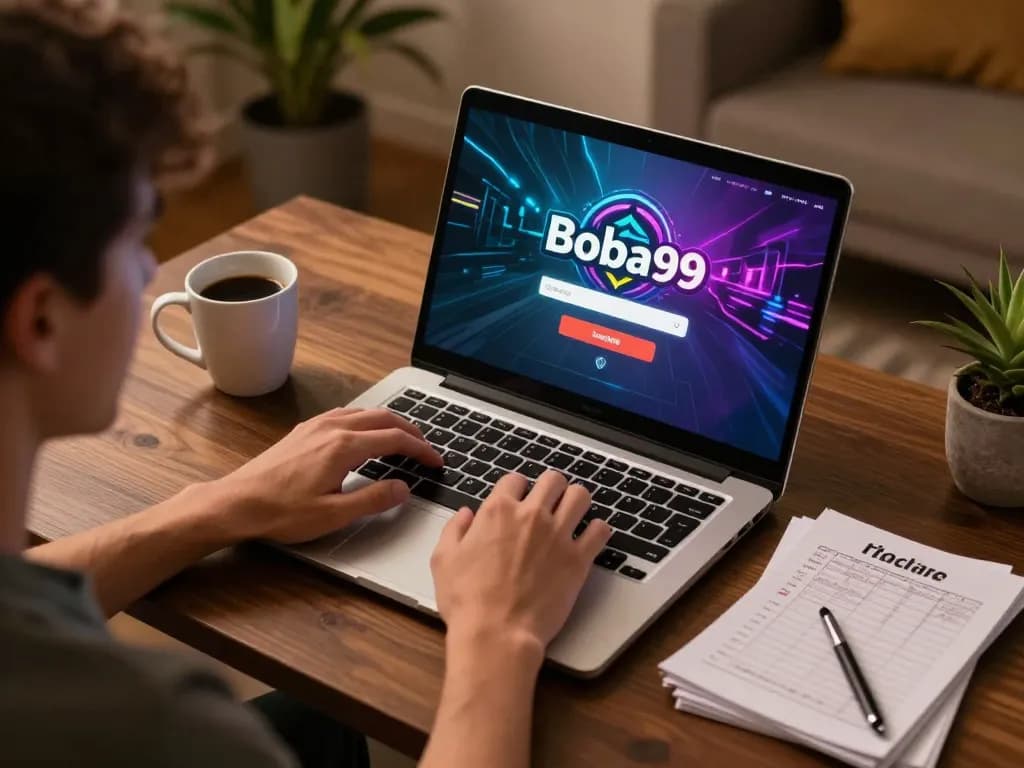 Boba99 Login di laptop modern yang menunjukkan strategi permainan online dalam suasana yang nyaman