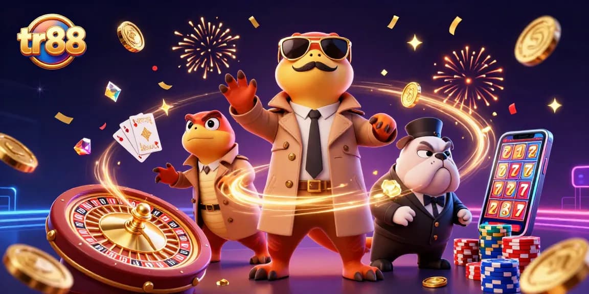 Three raptors in a trench coat trying to enter a VIP casino lounge at TR88, amid golden coins and casino game elements.