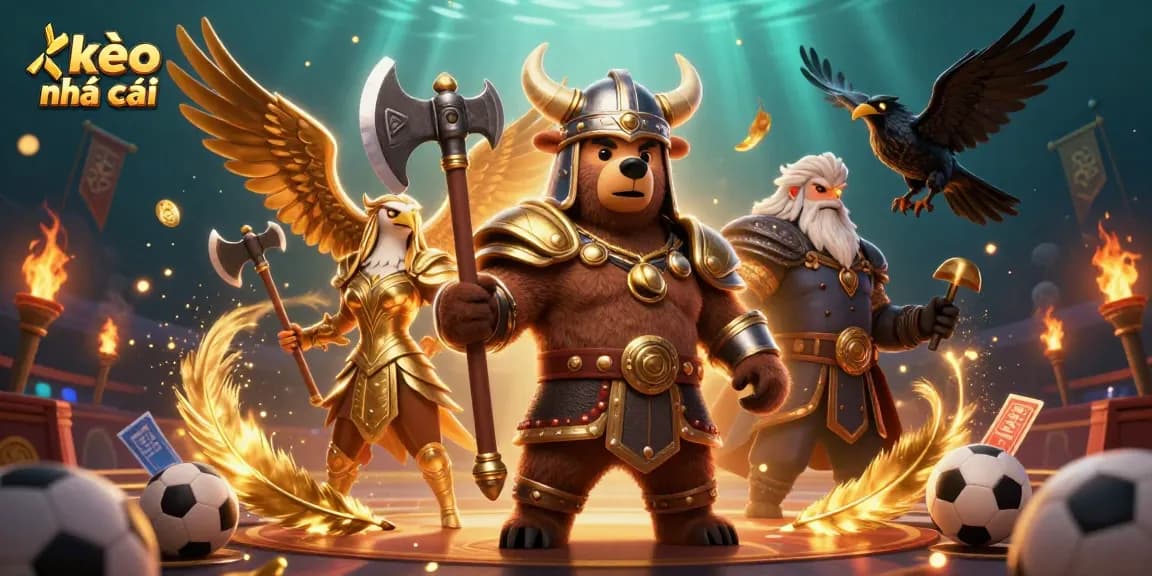 Engage in the excitement of kèo nhà cái with a 3D cartoon scene featuring a Viking bear, Valkyrie eagle, and sports betting elements.