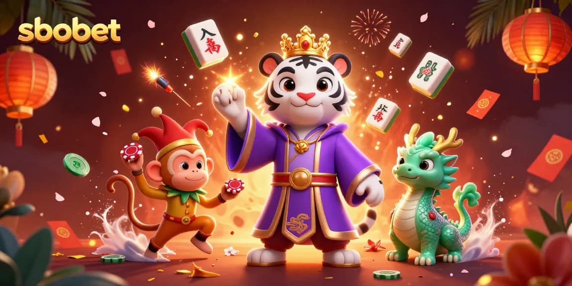 Experience sbobet excitement with a vibrant scene featuring a royal tiger and playful monkey in a lively casino setting.