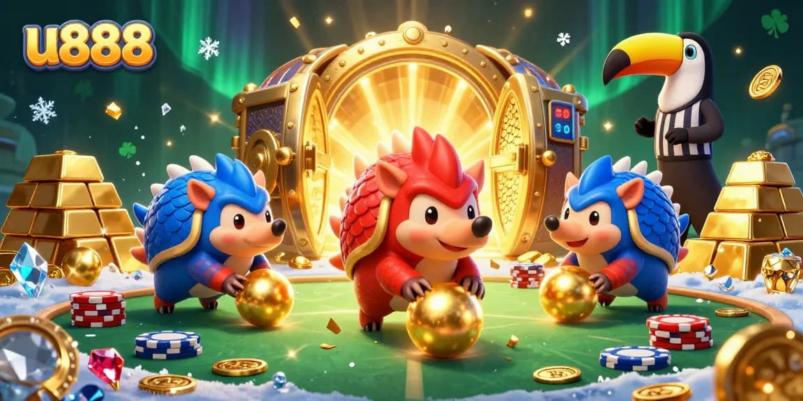 Compete in u888's dynamic gambling scene, featuring pangolins and poker chips.