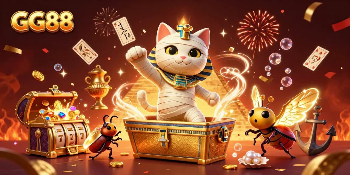 Experience the thrill of GG88 with a mummy cat and scarab beetle amidst vibrant gameplay elements.