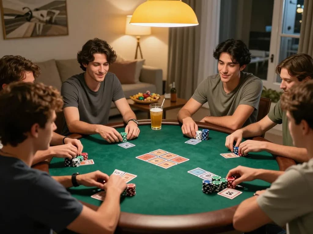 Friends enjoying poker at home while using 98win for betting strategies.