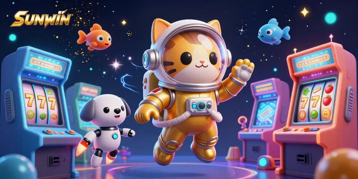 SUNWIN casino adventure featuring a golden astronaut cat and robot dog amidst cosmic game elements.