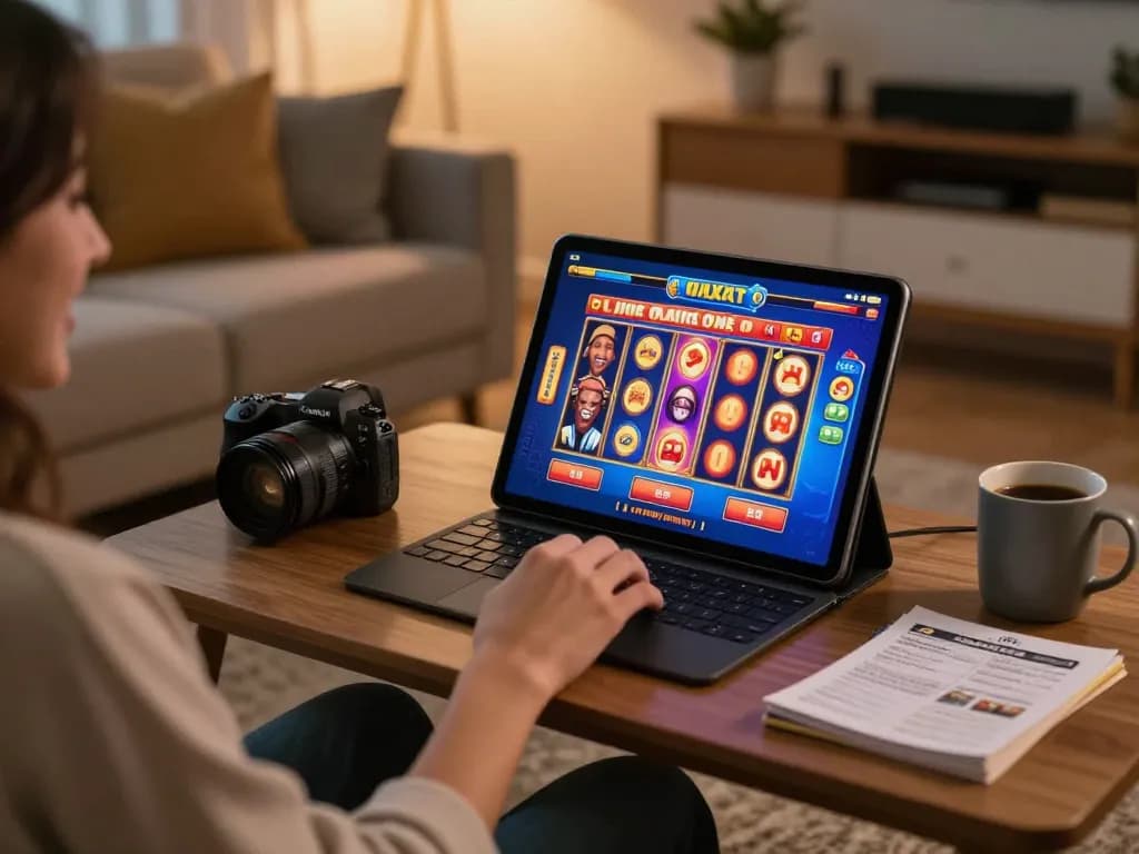 A person enjoying a winning spin on a vibrant slot game via the 88vvgo online casino platform in a cozy living room.