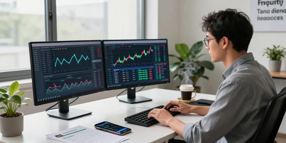 Focus on recovering lost crypto in a modern office with an analyst using multiple monitors.