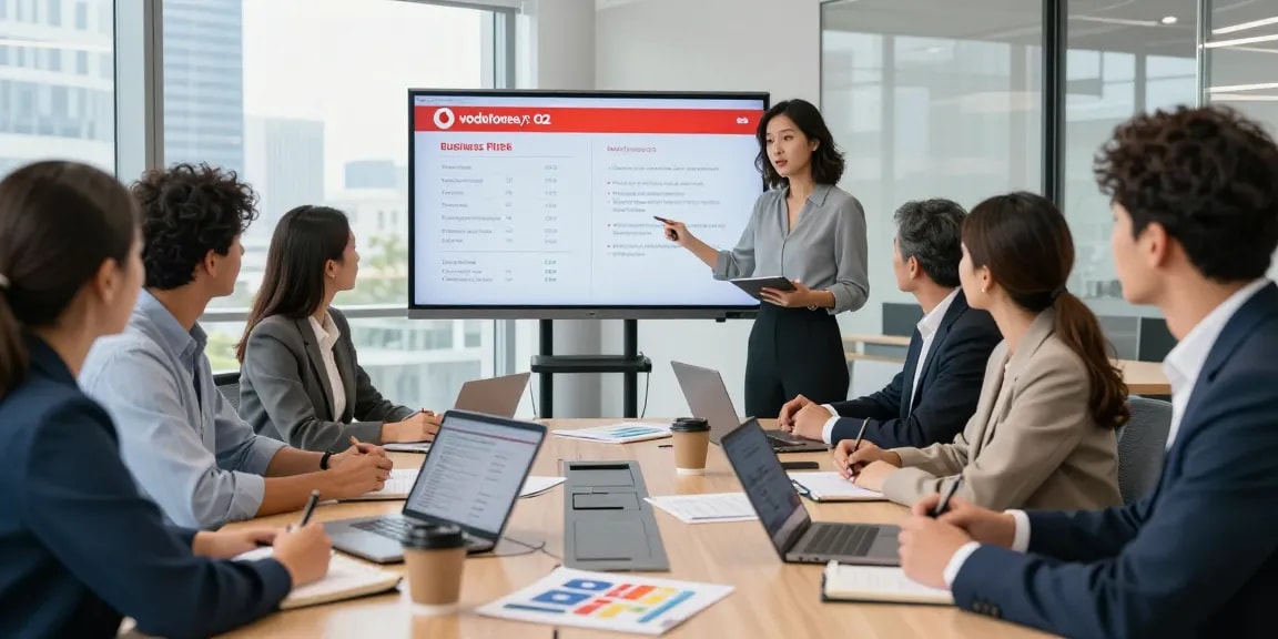 Team discussing Vodafone vs O2 business mobile plans in a modern office.
