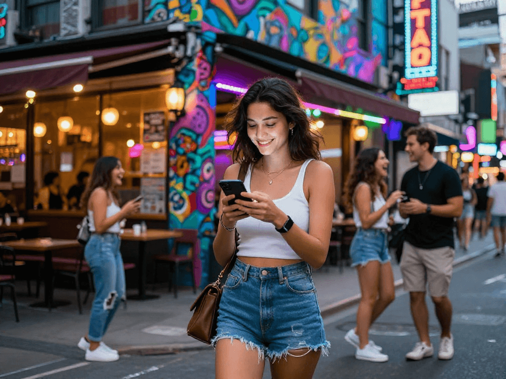 Gái gọi tận hưởng cuộc sống về đêm, tạo dáng năng động trong ánh đèn neon.
