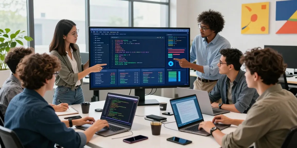 LibertySwap team collaborating on blockchain technology in a vibrant finance workspace.