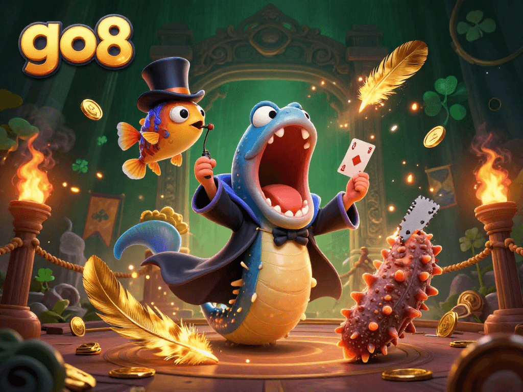 Experience thrilling games at go8 with an engaging illustration featuring underwater characters performing magic tricks amidst shimmering casino elements.