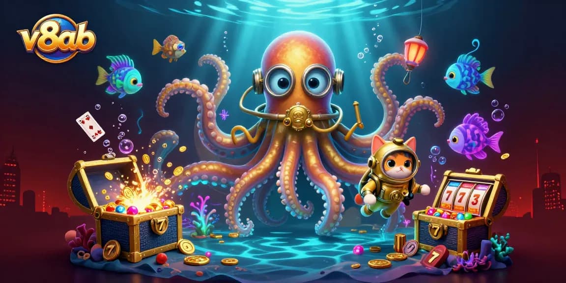 Experience thrilling gameplay at v8ab with a vibrant underwater scene featuring a kraken, diving cat, and dynamic casino elements.