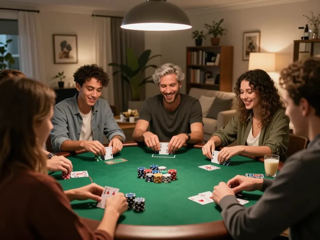 Engaging home poker night scene showcasing strategies with keonhacai among friends.