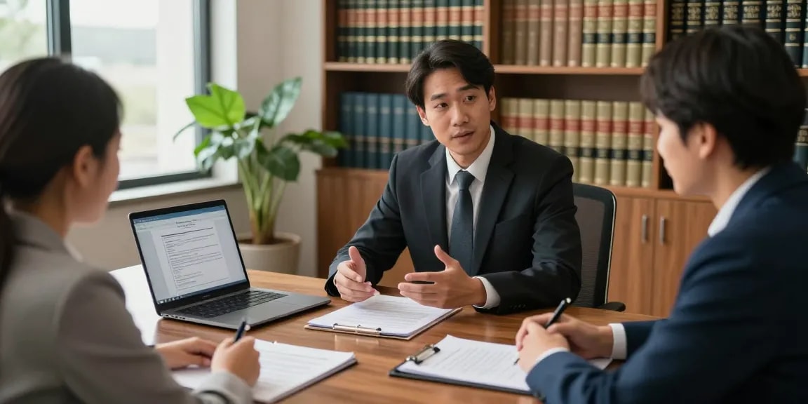 See here a lawyer consulting with clients in a professional law office about their case.