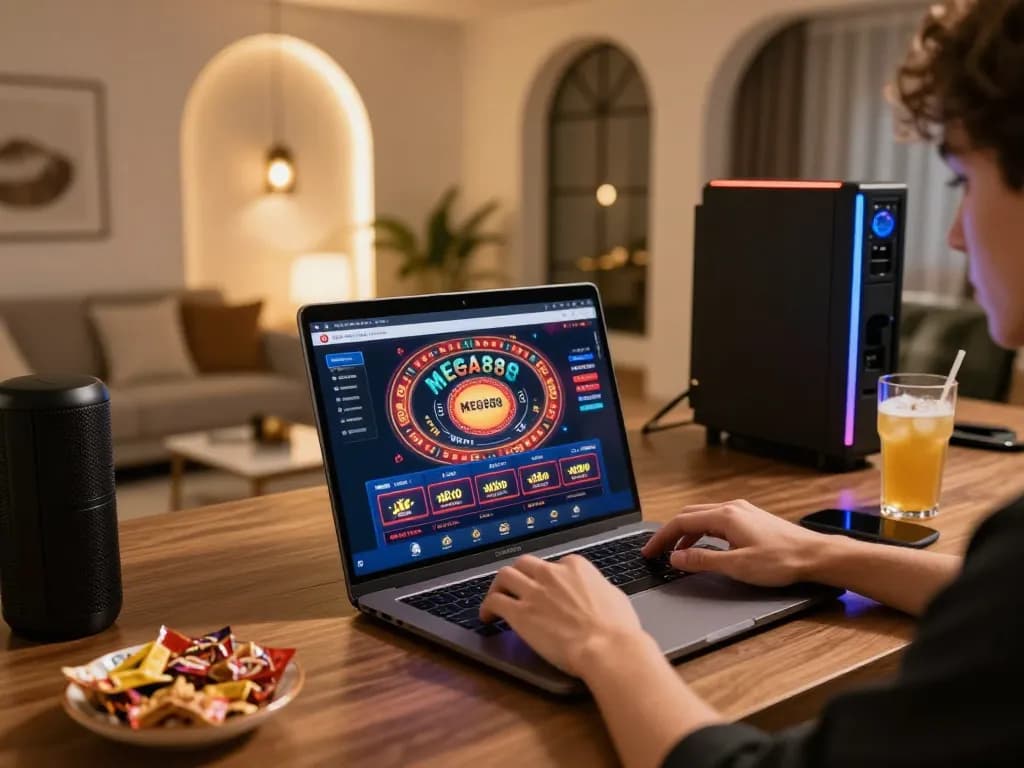Engaging in MEGA888 online gaming with a focused player at a stylish home setup.