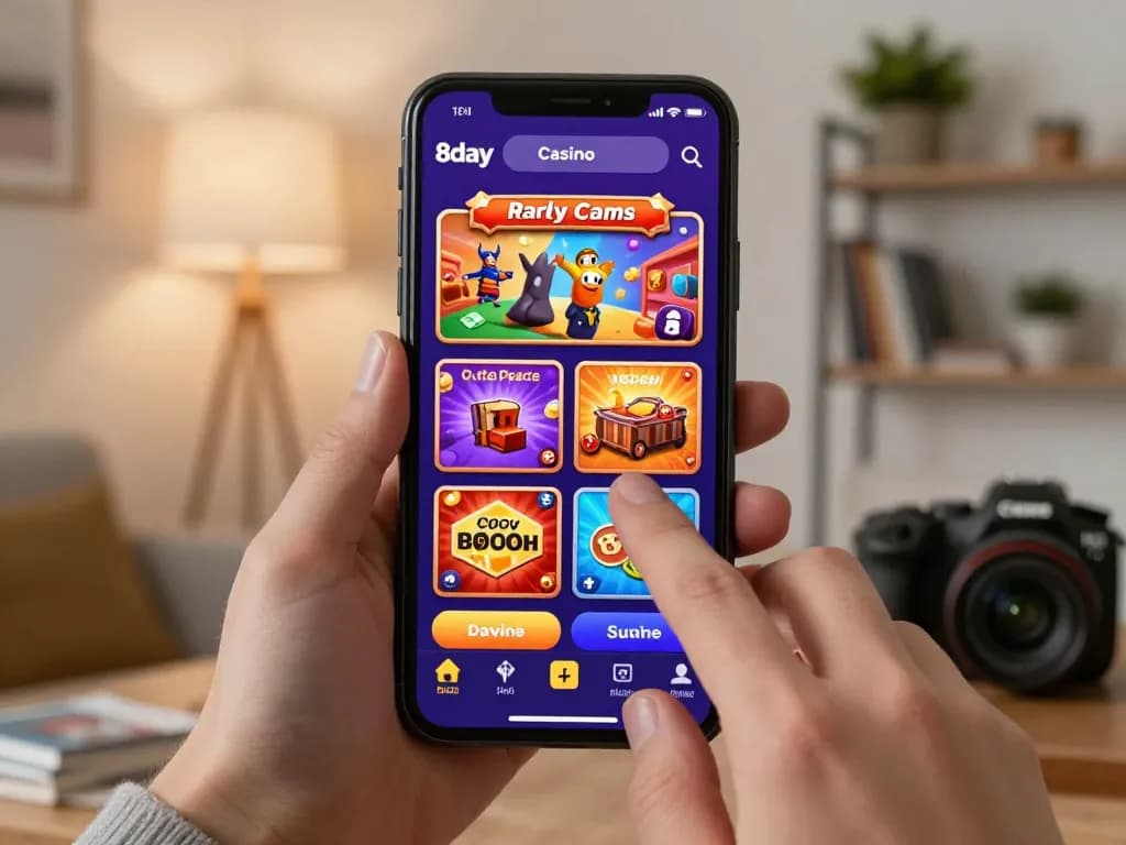 Engaging mobile gaming scene with 8day casino app featuring vibrant games and features from a cozy home setting