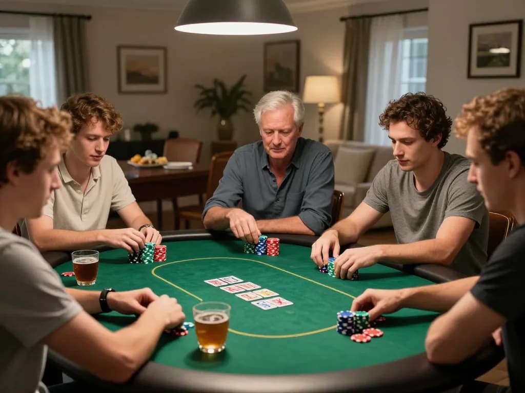 Players engaged in a lively poker game, showcasing keonhacai strategy in a cozy home atmosphere.