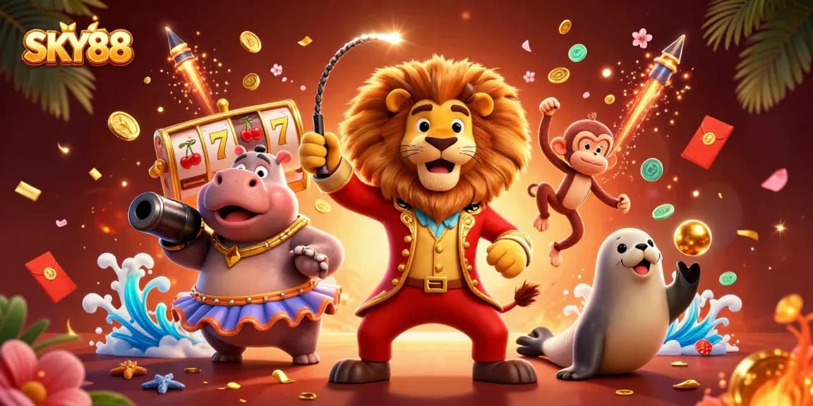 Engage with the thrilling atmosphere of SKY88's casino, depicting vibrant characters and exciting gaming elements.