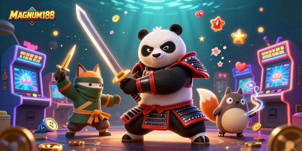 Experience winning strategies with MAGNUM188 in a vibrant 3D gambling scene featuring samurai, ninja, and playful spirits.