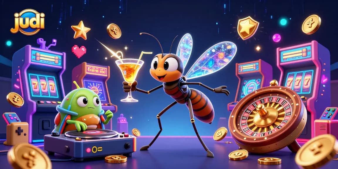 Experience judi excitement with a vibrant casino scene featuring animated characters and gaming elements swirling around.