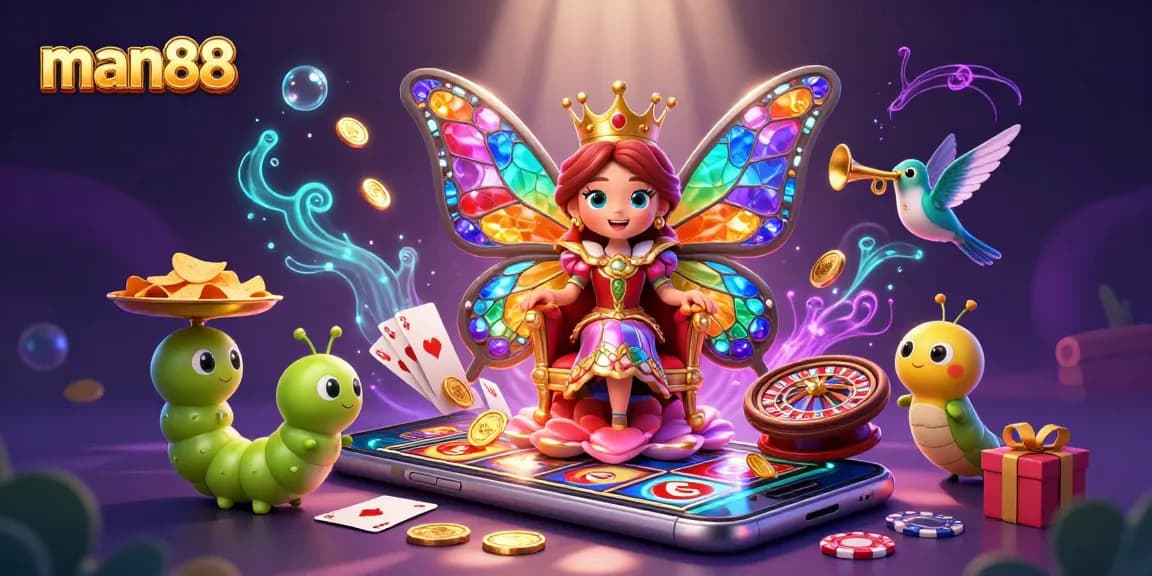 Spin to win with man88 in this vibrant casino scene featuring a butterfly queen and slot games.