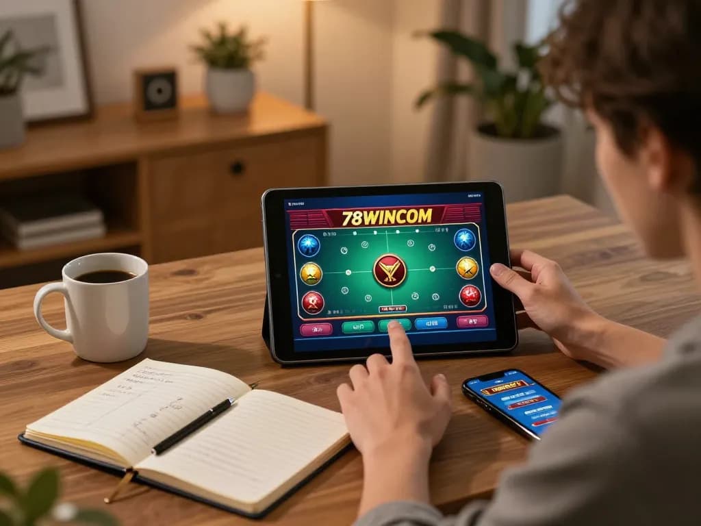 Engaging in online gaming with 78WINCOM at home, showcasing a tablet and strategic notes for better gameplay.