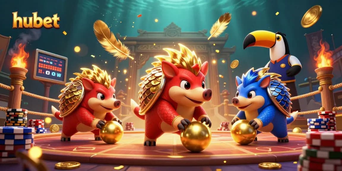 Rival pangolins in golden armor playing hubet amidst poker chips in a vibrant arena.