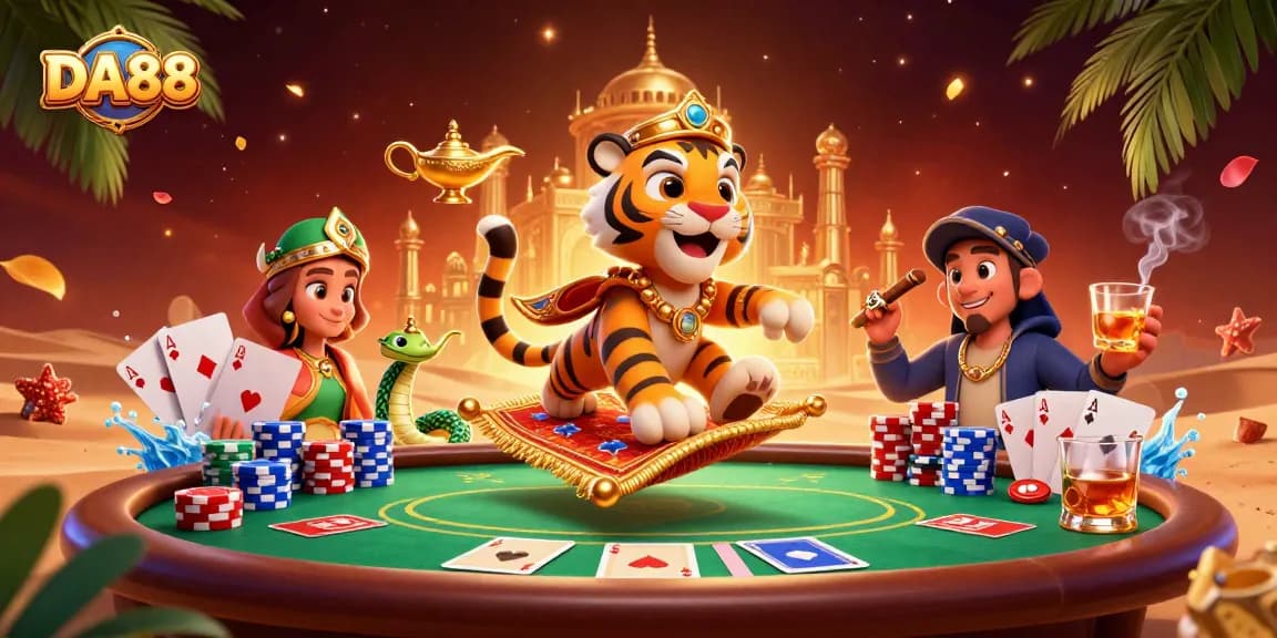 Engage in thrilling casino action with DA88's vibrant 3D illustration featuring a tiger sultan on a poker chip carpet.