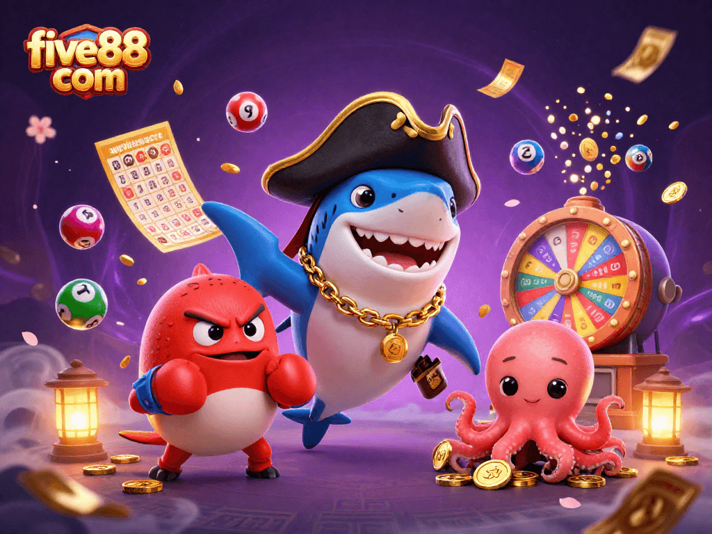Experience the excitement of five88 com with a vibrant 3D digital illustration featuring casino elements and playful characters.