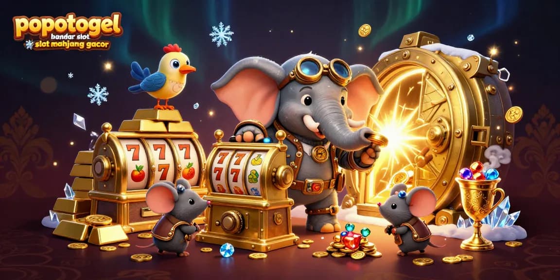 Join the excitement with popotogel bandar slot mahjong gacor, featuring a steampunk elephant engineer at a golden slot machine.