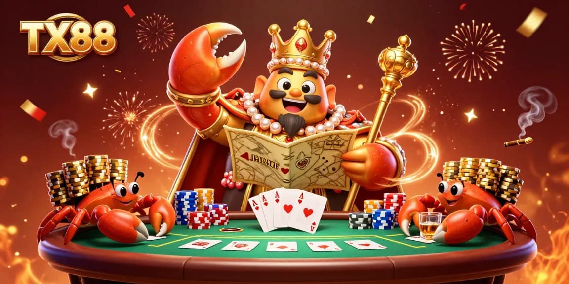 Join TX88's golden crab emperor in a lively casino scene filled with poker excitement.
