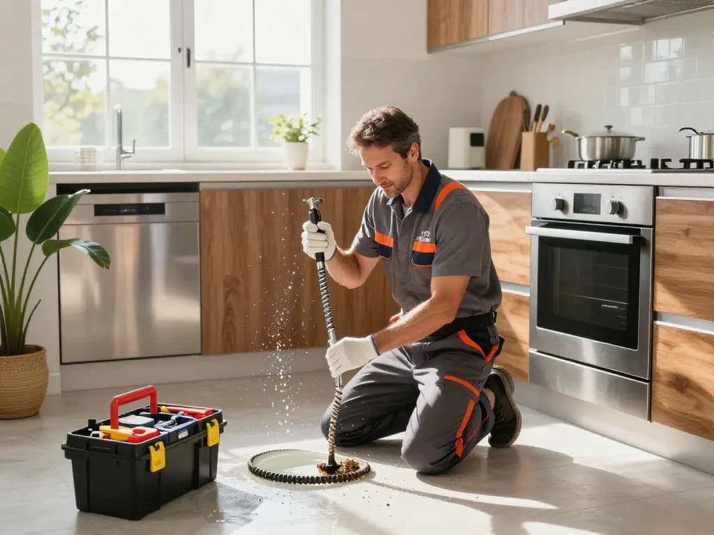 Drain cleaning service in action, professional plumber unclogging sink in modern kitchen.
