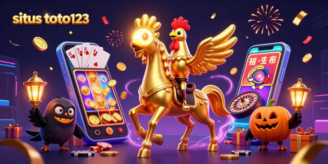 Play exciting games on situs toto123 with a golden rooster character in a vibrant casino.
