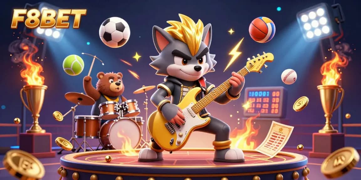 Join the F8BET experience with a vibrant 3D casino scene featuring a rock star wolf and engaging gaming elements.