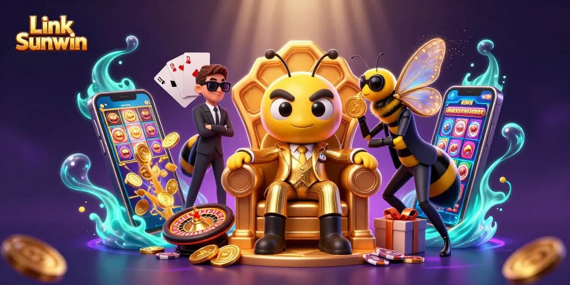 Engage in thrilling games with Link Sunwin featuring slots, poker, and roulette in a vibrant scene.