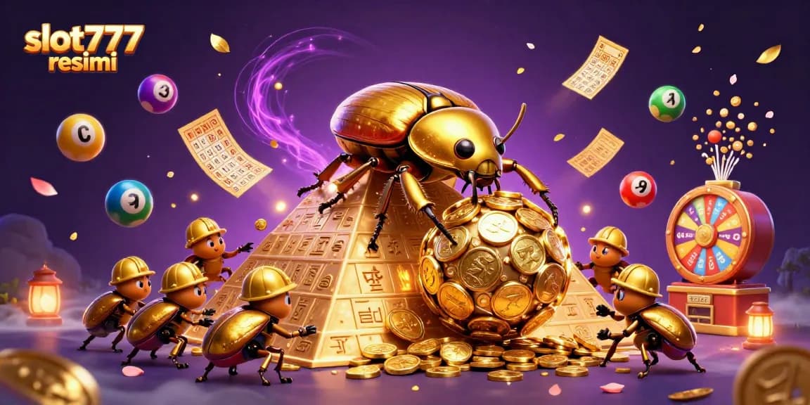 Experience thrilling wins with slot777 resmi featuring a golden beetle rolling coins amidst casino excitement.