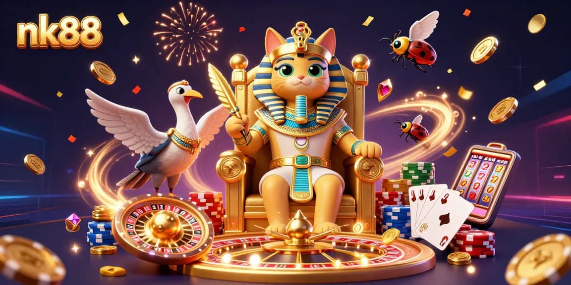 Spin the reels at nk88 with vibrant visuals of casino excitement featuring the Egyptian pharaoh cat.