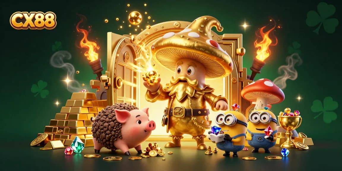 Engage with CX88's dynamic 3D scene showcasing golden treasure and magical characters in an interactive casino adventure.