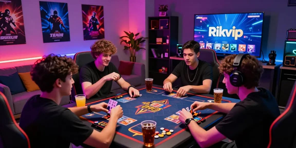 Engaging gaming scene with friends playing cards at Rikvip, colorful LED lights and snacks on the table, vibrant atmosphere.