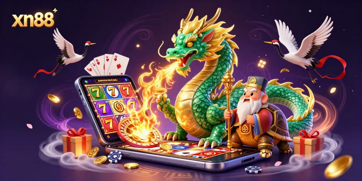 Engage with xn88’s vibrant 3D casino scene featuring a jade dragon, sage, and exciting gaming elements.