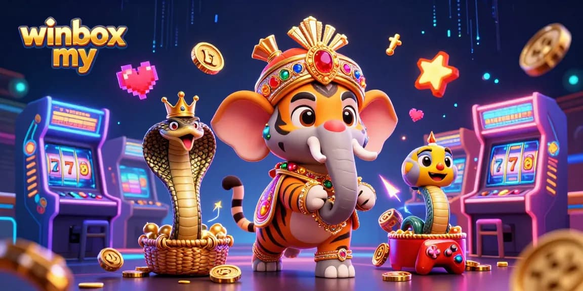 Winbox my presents a vibrant 3D scene with a maharaja tiger and elements of online gaming.