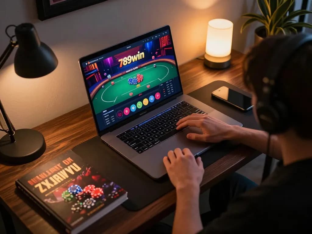 Engaging gameplay using app 789win on a laptop, showcasing vibrant poker action and a cozy workspace.