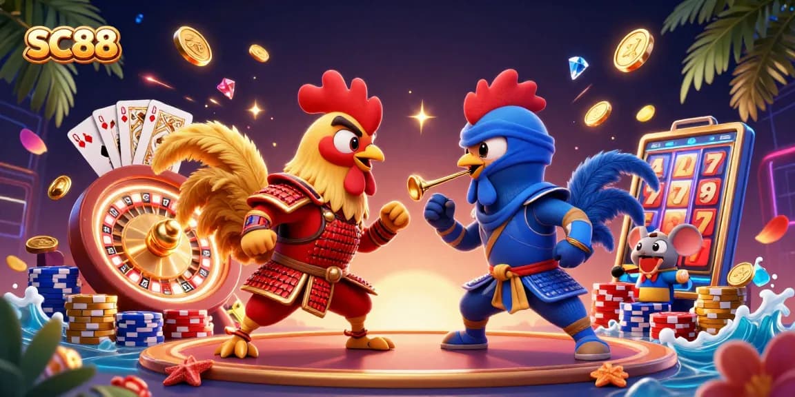 Engage with SC88 in a dramatic showdown between roosters in armor, surrounded by dynamic casino elements.