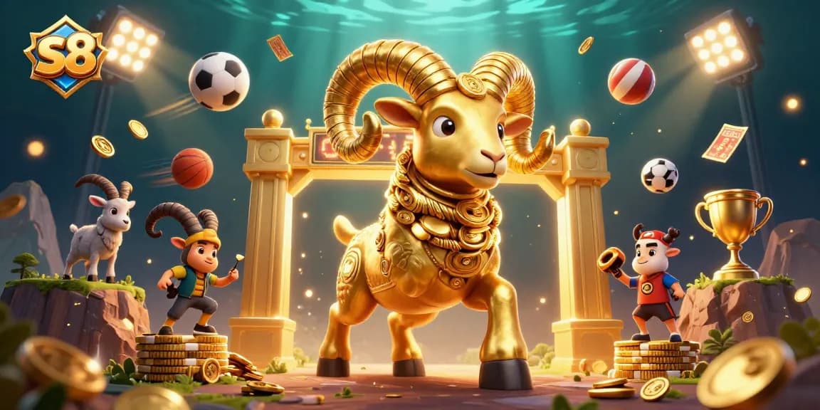 S8 creates excitement with a dynamic casino illustration featuring golden ram and sports elements.