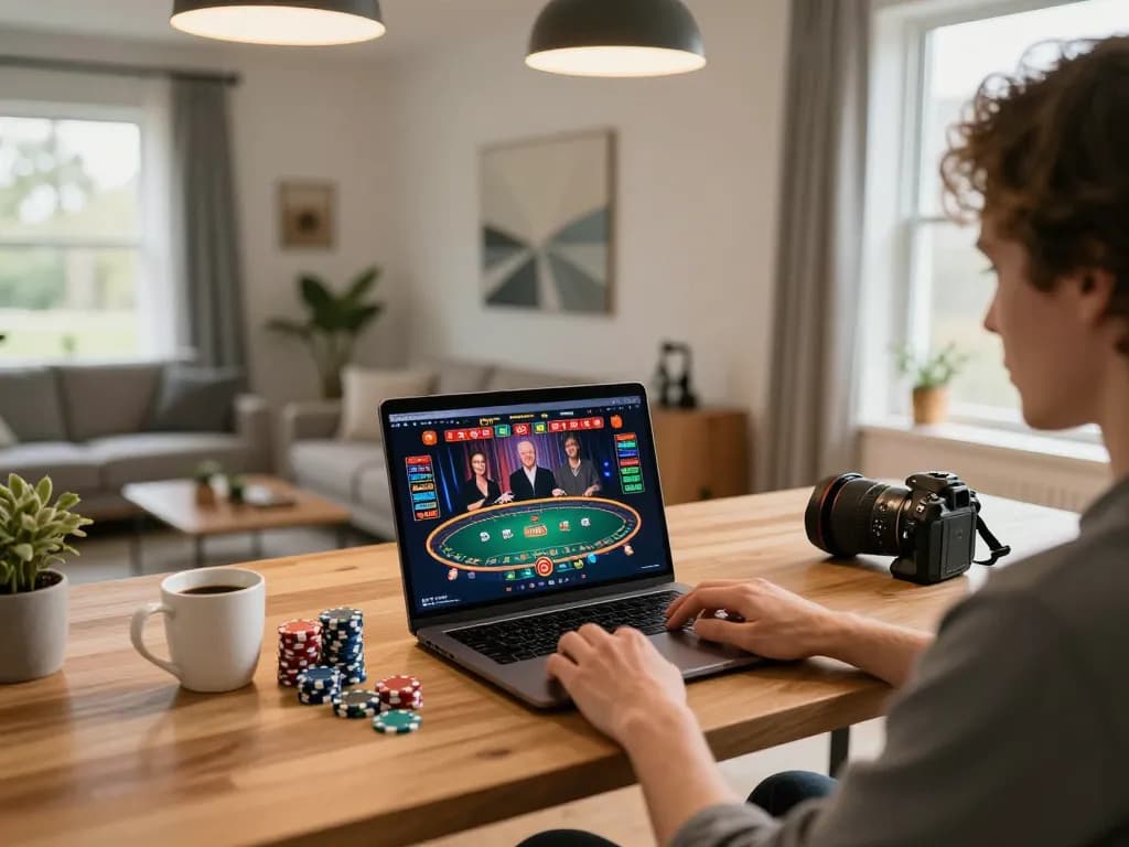 Joueur profitant du casino retrait rapide sur ordinateur portable dans un bureau à domicile confortable, configuration de jeu stratégique visible